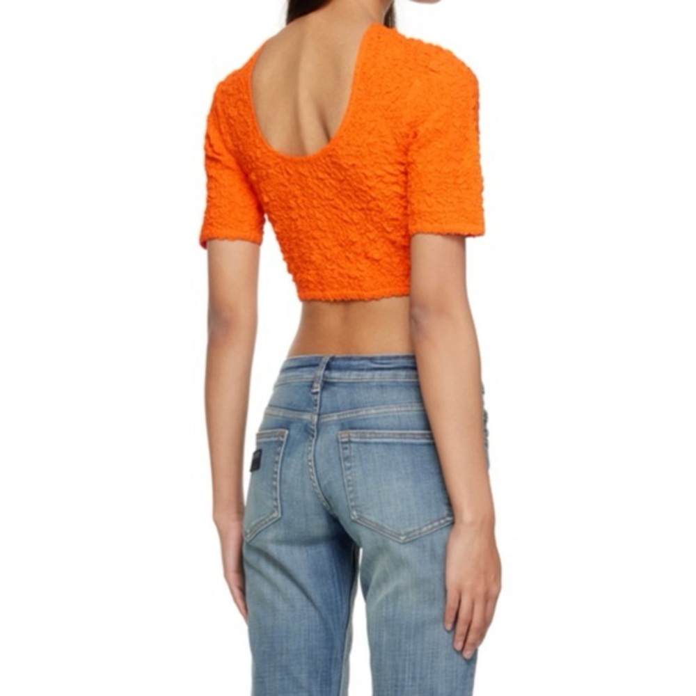 Ganni Cotton Poplin O Neck Shirred Crop Top in Orange - Size 44 XL - Picture 2 of 10